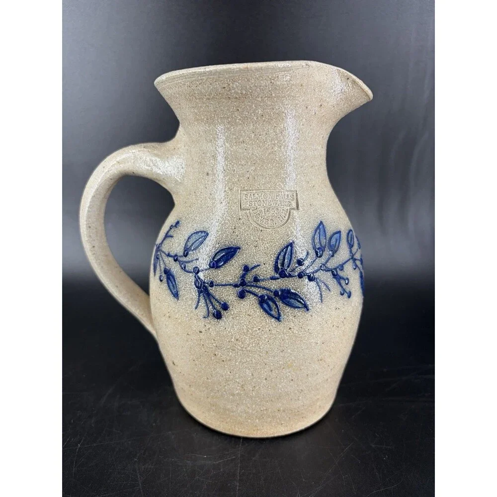 Salmon Falls Stoneware Pitcher Blueberry Vine Gray 7.4